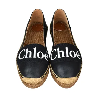 【Chloe’ 蔻依】CHLOE WOODY白字印花LOGO牛皮拼接麻繩編織平底鞋(黑x褐)