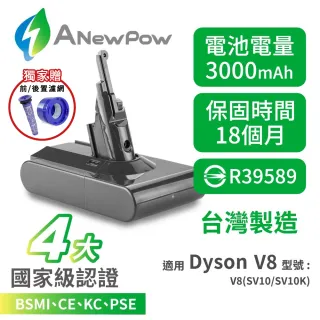 【ANEWPOW】Dyson V8 SV10/SV10K/Fluffy系列適用 新銳動能DC8230副廠鋰電池+前置濾網+後置濾網(18個月保固)