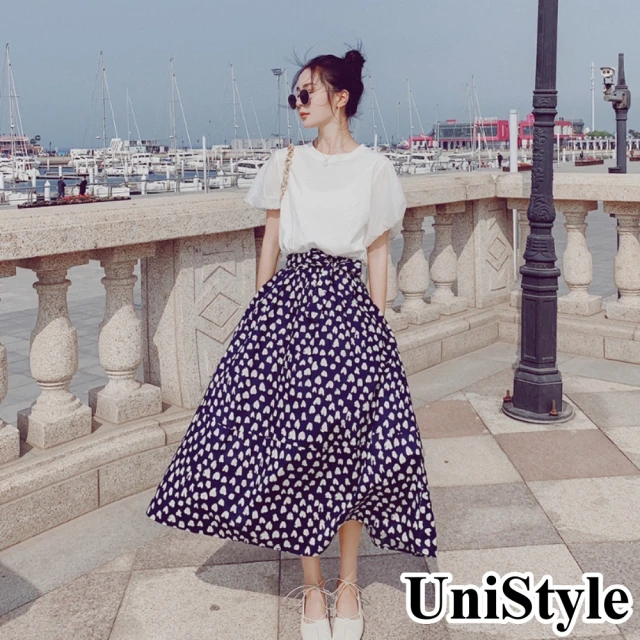 UniStyle【UniStyle】韓系薄款棉質泡泡短袖愛心印花連身洋裝 女 ZM102-2116(藏藍拼接)