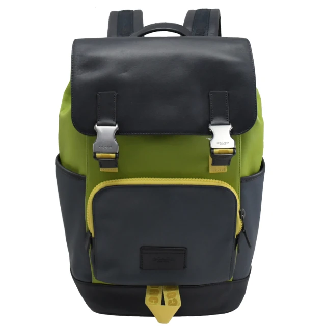 【COACH】經典LOGO翻蓋雙釦束口三口袋手提旅用包後背包(深藍/綠)