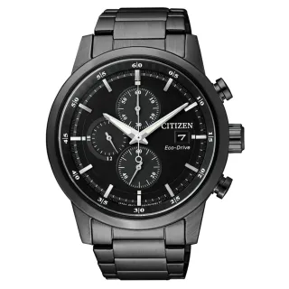 【CITIZEN 星辰】光動能三眼碼錶計時不鏽鋼潮男腕錶-黑 43mm(CA0615-59E 亞洲限定)