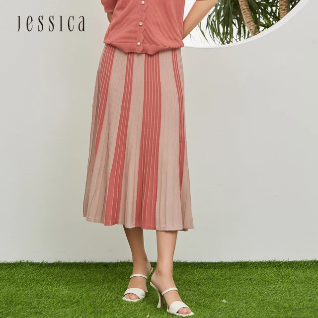 【JESSICA】百搭寬鬆撞色豎條紋針織長裙 2222D4（銅紅）