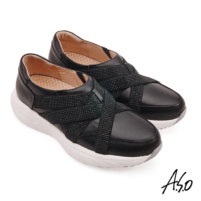 【A.S.O 阿瘦集團】萬步健康氣墊鞋燙鑽鬆緊直套休閒鞋(黑色)