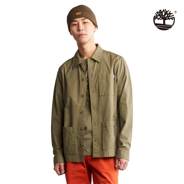 【Timberland】男款灰綠色有機棉寬版多口袋長袖襯衫(A62E9590)