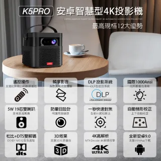 【LGS 熱購品】K5-PRO 4K智能微型DLP投影機 超高亮國際1000ANSI 快速對焦(投影機 / 投影儀 / 家庭劇院)