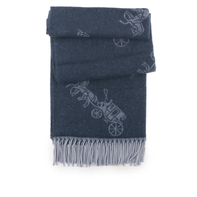 COACH【COACH】滿版馬車圖案羊毛混喀什米爾圍巾(單寧藍)