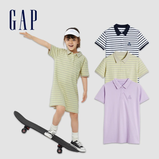 【GAP】女童 厚磅密織系列 Logo小熊印花短袖洋裝(858686-海軍藍條紋)