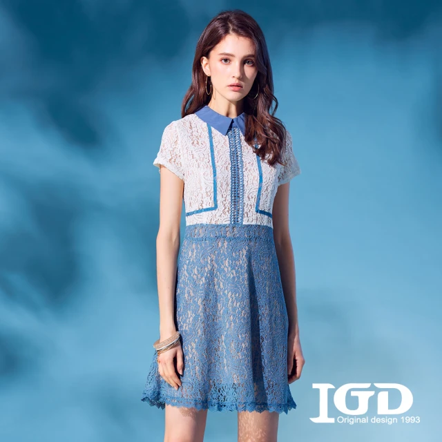 IGD 英格麗【IGD 英格麗】氣質雙色蕾絲洋裝(藍色)