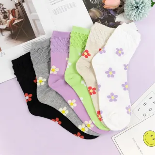 【AHUA 阿華有事嗎】韓國襪子 襪口紋路滿版花朵中筒襪 女襪 K1451(百搭 春夏 花朵 中筒襪)