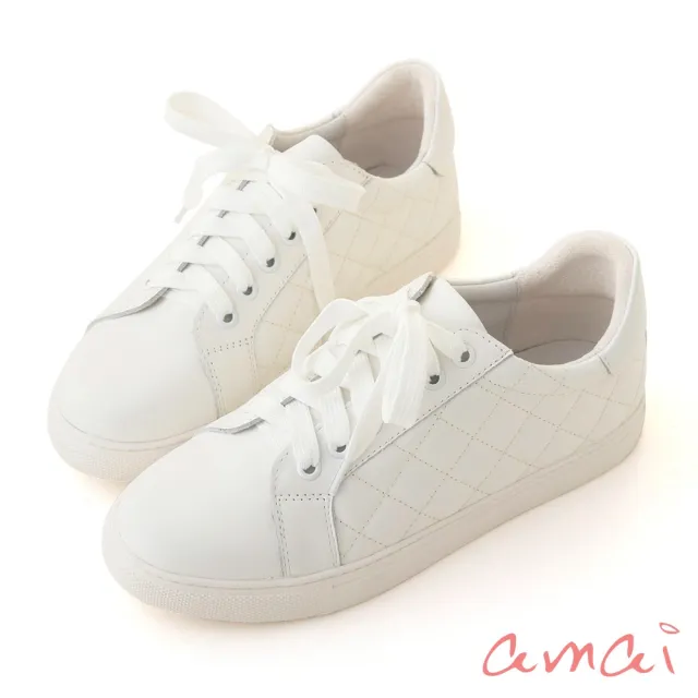 【amai】全真皮澎澎菱格紋休閒鞋 小白鞋 真皮鞋 GC13WT(白色)