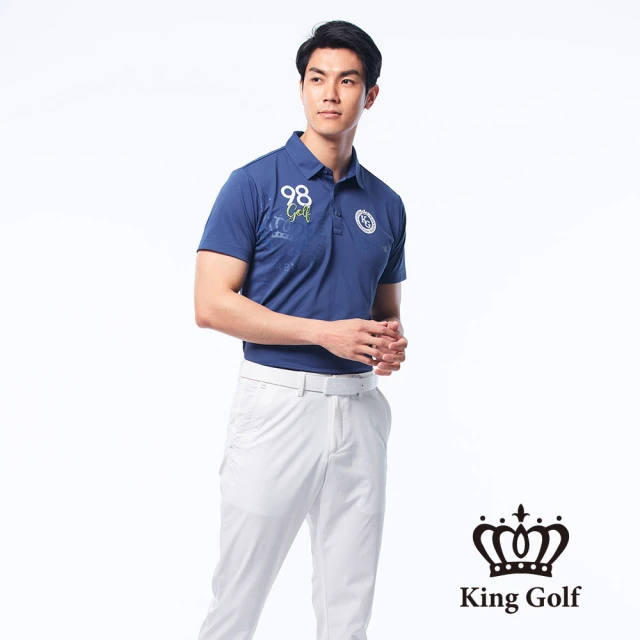 【KING GOLF】男款美式印花數字刺繡涼感素面短袖POLO衫/高爾夫球衫(丈青)