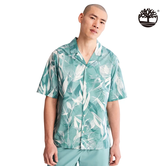 【Timberland】男款湖綠色Refibra度假滿版印花休閒短袖襯衫(A62Y5CQ6)