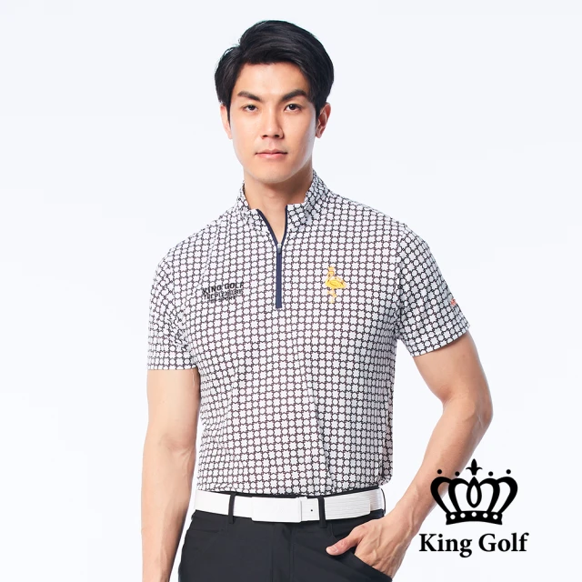 KING GOLF【KING GOLF】男款幾何印花火鶴刺繡涼感拉鍊立領短袖POLO衫/高爾夫球衫(灰色)