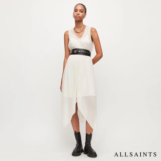 【ALLSAINTS】BLAZE SHEER 輕薄不對稱無袖中長版連身裙洋裝-白(修身版型)