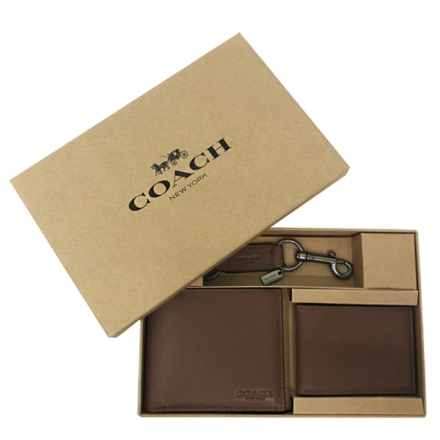 COACH【COACH】男款8卡活動證件夾短夾附鑰匙圈禮盒(棕色)