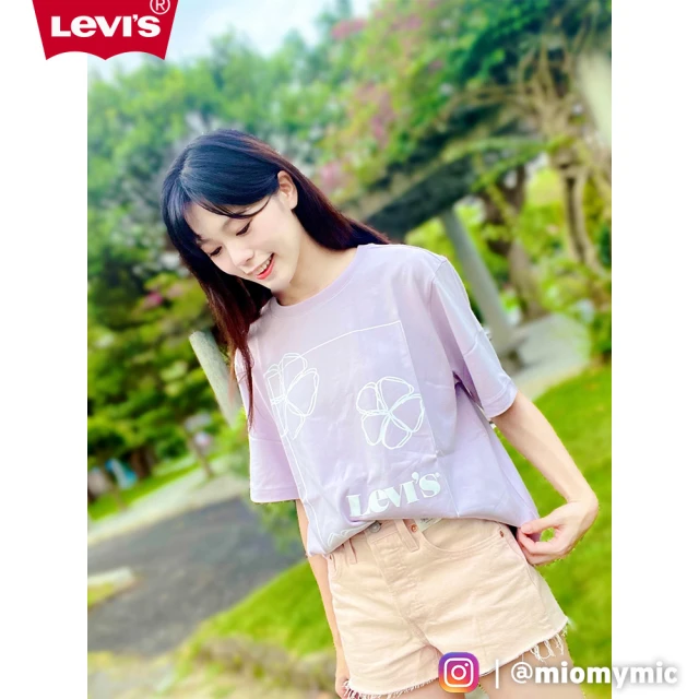 【LEVIS】女款 Oversize重磅短袖T恤 / 手繪風花卉Logo / 220GSM厚棉 蘭花紫-人氣新品