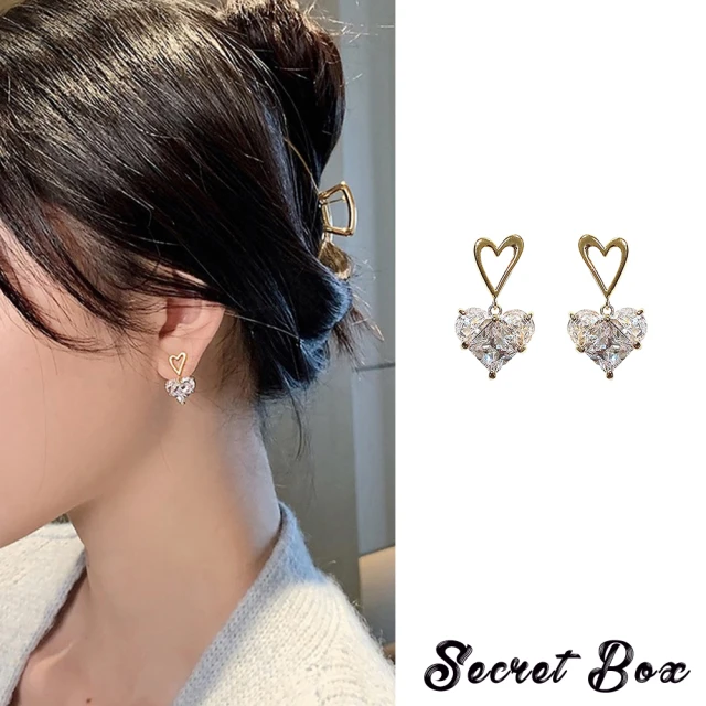 SECRET BOX【SECRET BOX】韓國設計S925銀針華麗鋯石浪漫愛心造型耳環(S925銀針耳環 鋯石耳環 愛心耳環)