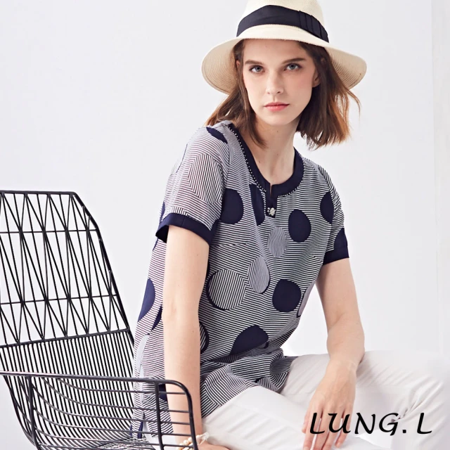 LUNG.L 林佳樺【LUNG.L 林佳樺】LH22A#藍色細條紋圓形印花短袖棉質上衣(女裝)