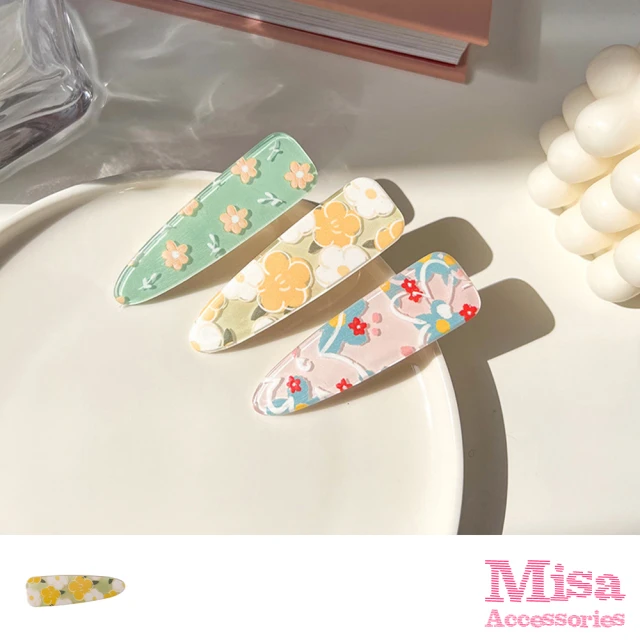 MISA【MISA】花朵髮夾/法式醋酸板材可愛花朵圖樣水滴夾 髮夾 邊夾(3色任選)