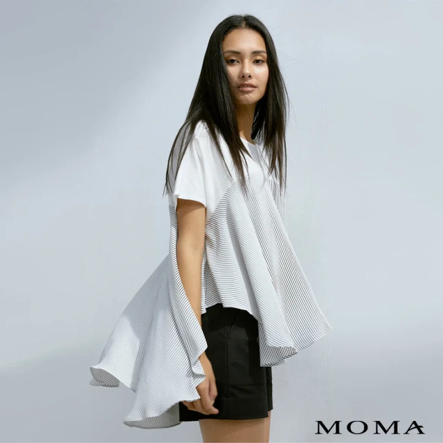 MOMA【MOMA】條紋雪紡波浪荷葉上衣(白色)