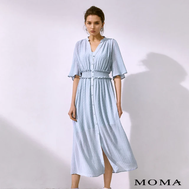 MOMA【MOMA】點點剪絨V領雪紡洋裝(淺藍色)