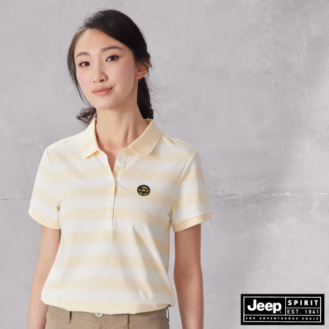 【JEEP】女裝 百搭彈性條紋短袖POLO衫(淡黃)