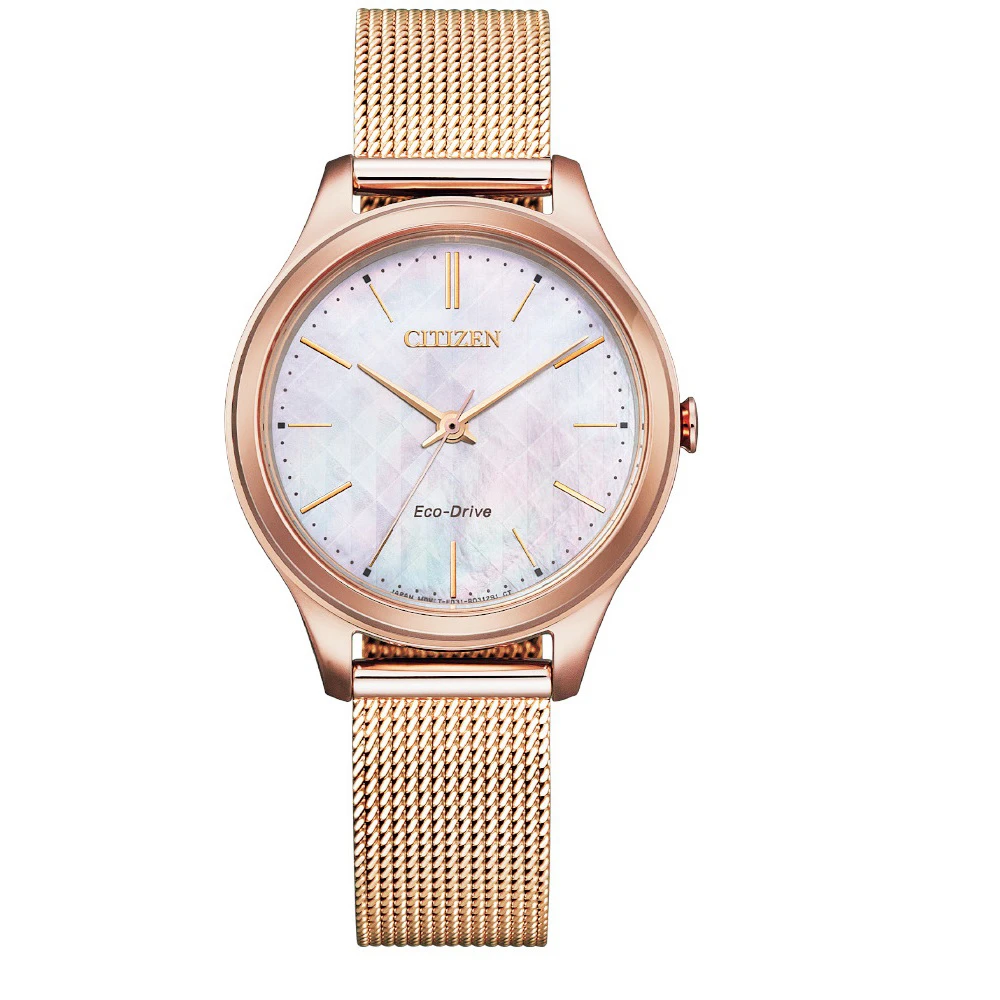 【CITIZEN 星辰】光動能玫瑰金貝殼錶面米蘭錶帶女錶/32mm(EM0508-80Y)