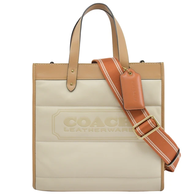 COACH【COACH】FIELD 經典品牌LOGO格紋寬背帶手提兩用包(杏棕 大款)