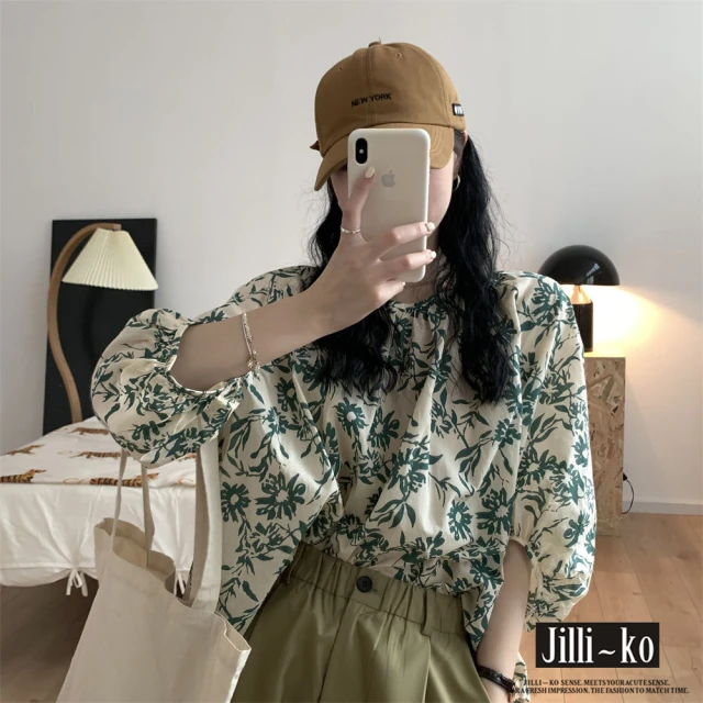 JILLI-KO【JILLI-KO】復古花朵印花寬鬆薄款泡泡袖上衣-F(綠)