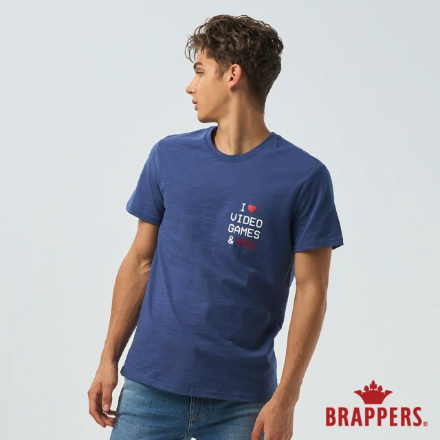 【BRAPPERS】男款 電玩印花系列-撞色文字磚印花T恤(深藍)