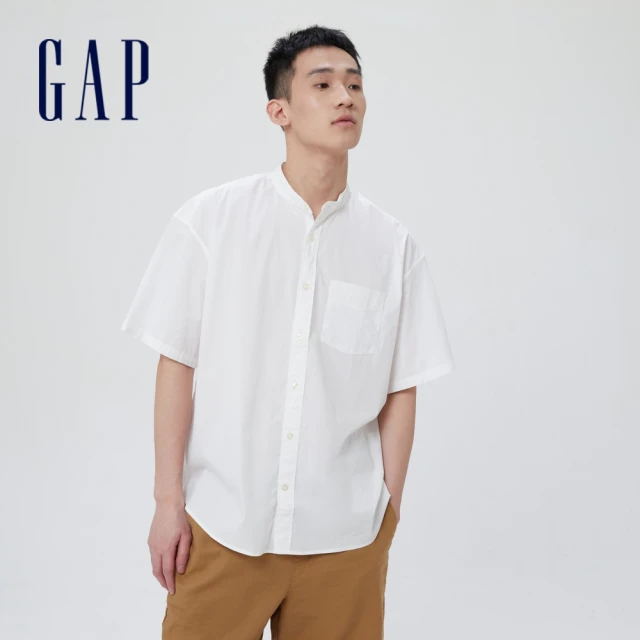 GAP【GAP】男裝 休閒商務立領短袖襯衫(875771-白色)