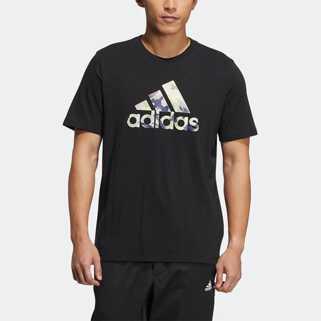 【adidas 愛迪達】SS 運動上衣 男上衣 短袖上衣 上衣 T恤 LOGO GFX T 男 短袖上衣 黑(HE7418)