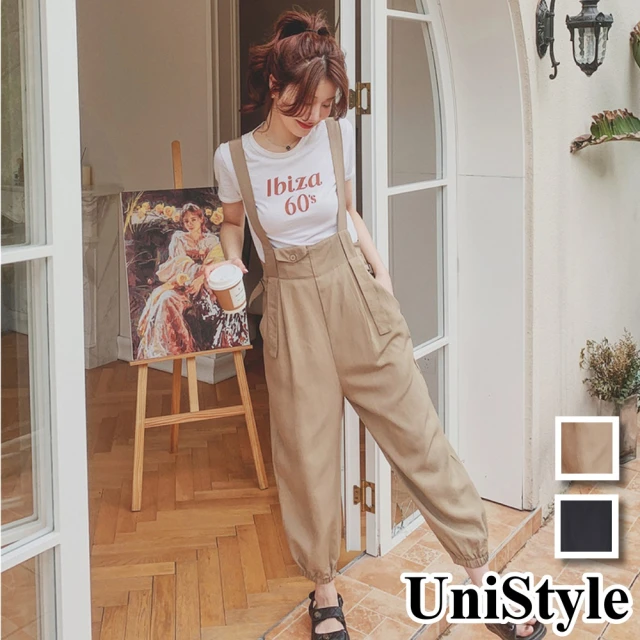 【UniStyle】韓系可調節肩帶縮口吊帶連身長褲隨性自在顯高顯瘦單品 女 ZM196-A091(卡其 黑)