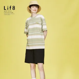 【Life8】ALL WEARS 落日時分 條紋繡花短袖上衣-綠條(41085)