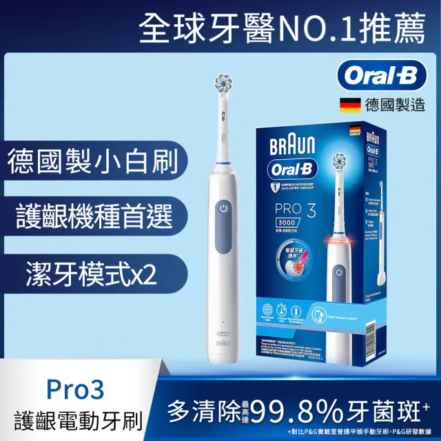 【德國百靈Oral-B-】PRO3 3D電動牙刷(雙入組★藍白可選)
