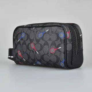 【COACH】COACH 印花LOGO網球拍設計PVC拉鍊旅行盥洗包(炭黑x紅藍)