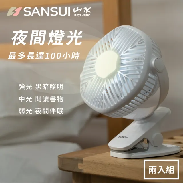 【SANSUI 山水】超值2入組-USB桌夾式兩用LED燈充電風扇/夾扇(SHF-N63)