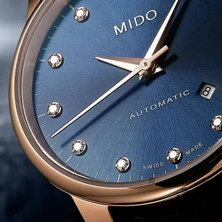 【MIDO 美度】官方授權 永恆系列午夜藍真鑽機械女錶-藍x咖啡錶帶/29mm(M76003658)