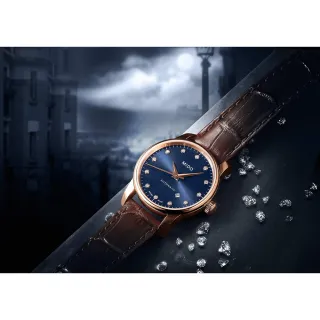 【MIDO 美度】官方授權 永恆系列午夜藍真鑽機械女錶-藍x咖啡錶帶/29mm(M76003658)