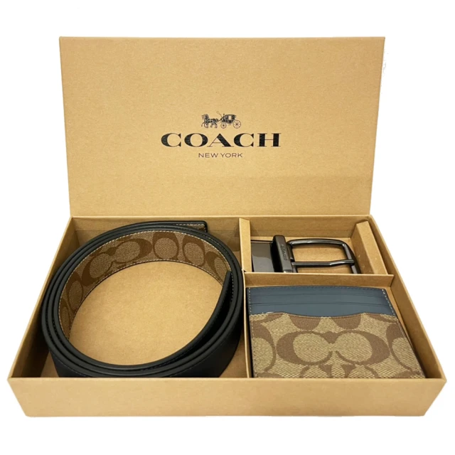 【COACH】C LOGO雙面用男款寬版皮帶名片夾禮盒(焦糖/藍)