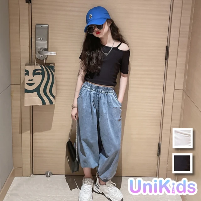 【UniKids】中大童字母印花露肩短袖T哈倫長褲個性街舞兩件式套裝 女大童 JSA80-8(套裝白 套裝黑)