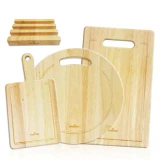 【PASTON】橡膠木防溢集水槽料理砧板3件組(台灣原創設計 擺盤 切菜板 木餐盤)