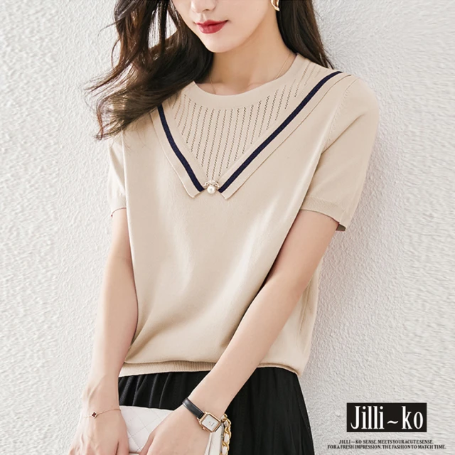 JILLI-KO【JILLI-KO】溫柔氣質珍珠墜飾設計款薄款針織衫-F(杏/粉)