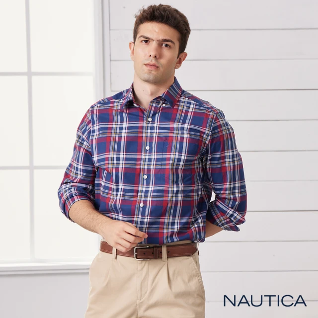 【NAUTICA】男裝休閒格紋長袖襯衫(紅藍)