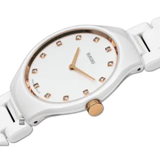 【Rado 雷達表】官方授權R6 True Thinline 真薄真鑽石英腕錶 30㎜白陶瓷12鑽款-加高級錶盒(R27958722)
