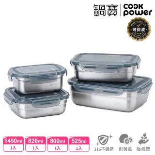 【CookPower 鍋寶】可微波316不鏽鋼保鮮盒方形4件組(EO-BVS614682681653GR)