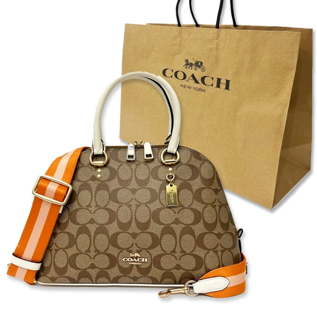 【COACH】C LOGO織布寬背帶手提斜背兩用貝殼包贈紙袋(焦糖/米白)