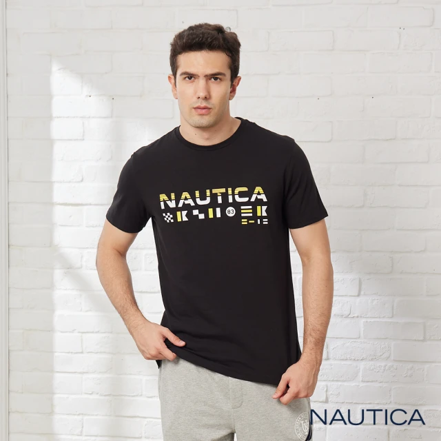 NAUTICA【NAUTICA】男裝 品牌LOGO撞色旗語短袖T恤(黑色)