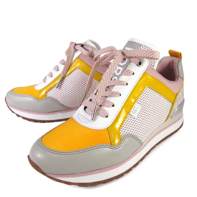 【Michael Kors】粉色綁帶異材質混搭內增高休閒鞋(黃色)