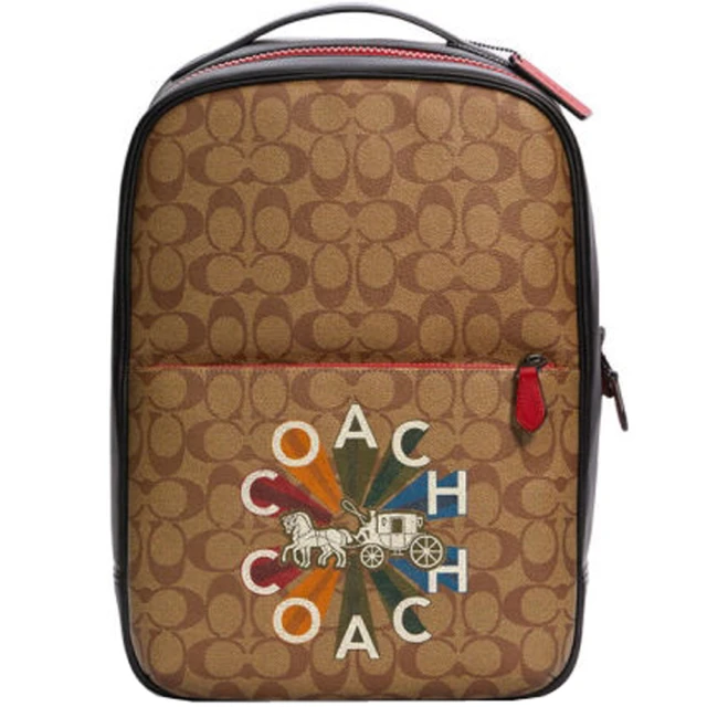 COACH【COACH】Westway黑x紅x卡其PVC滿版LOGO大款彩色COACH印花後背包